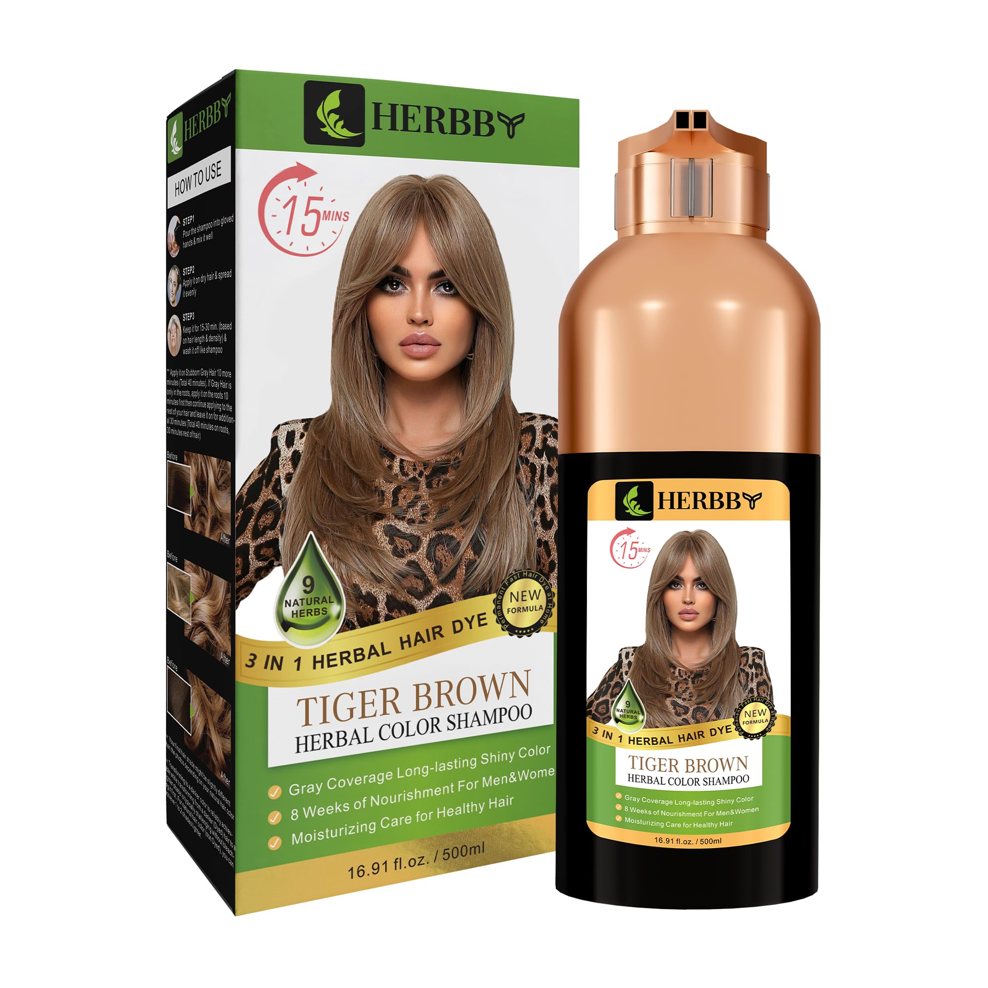 HERBBY Hair Color Shampoo effet longue tenue sans retouches fréquentes.