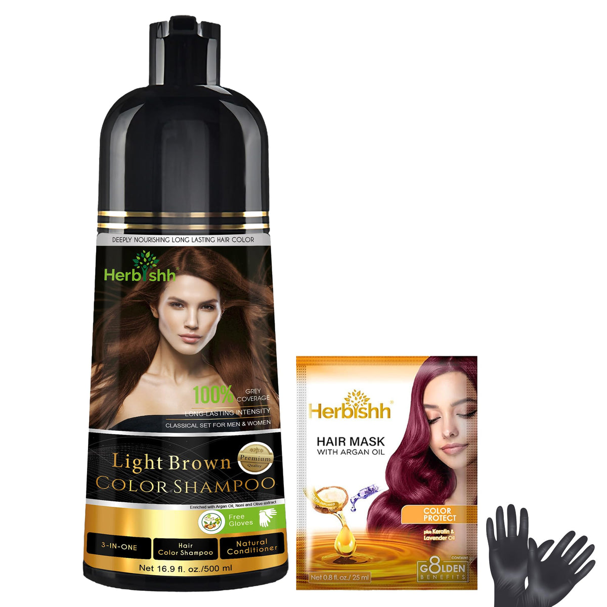 Herbishh: botella del champú-tinte 3 en 1 para canas, color duradero.