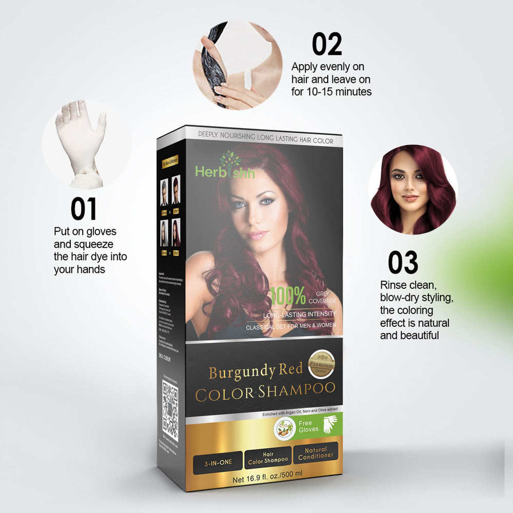 Résultat après coloration Herbishh Burgundy sur cheveux gris, ton naturel harmonisé