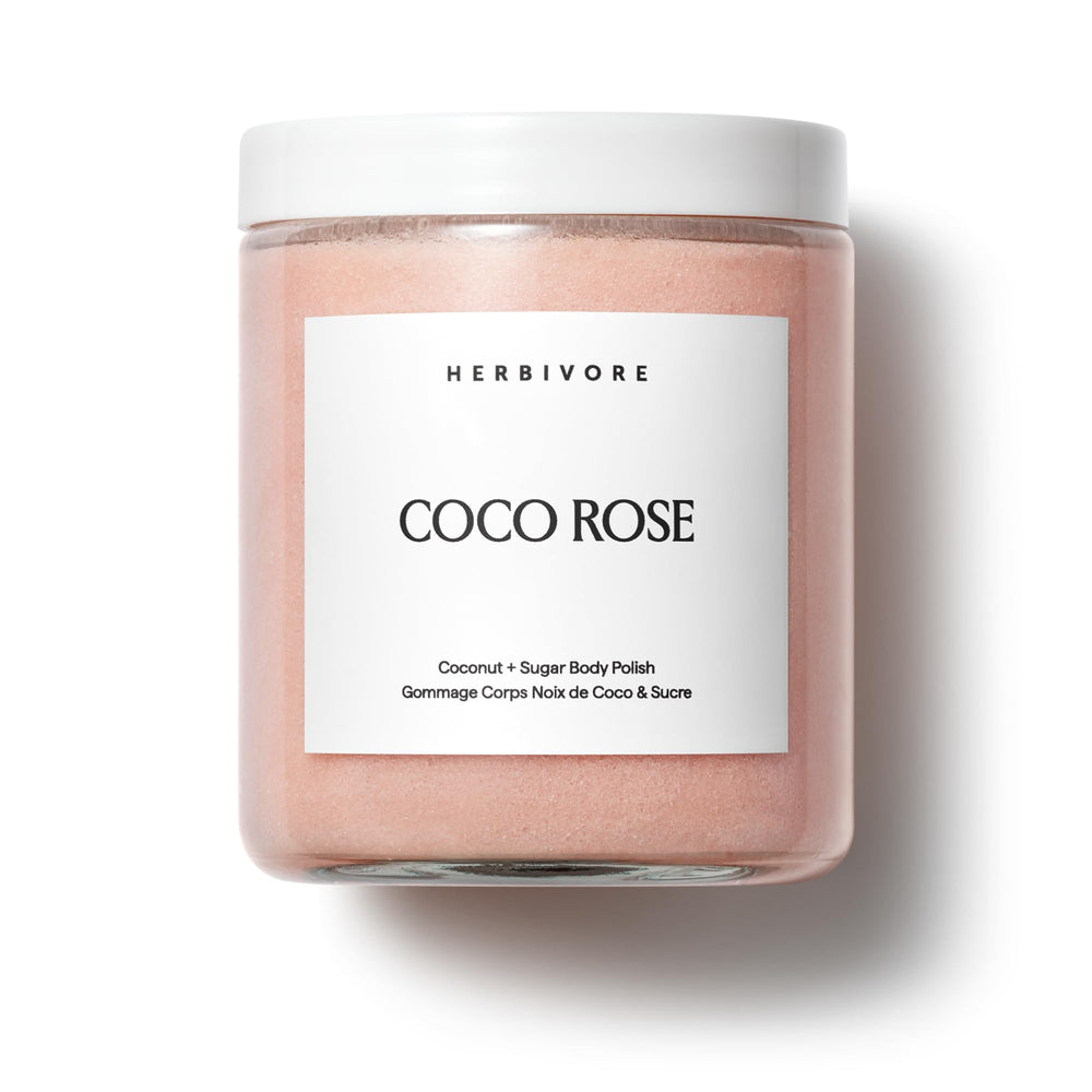 HERBIVORE Coco Rose exfoliante en envase, textura suave para piel nutrida.