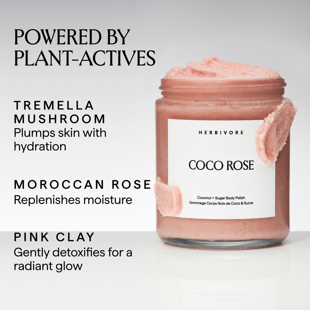 HERBIVORE Coco Rose textura de gránulos finos para exfoliar suavemente.