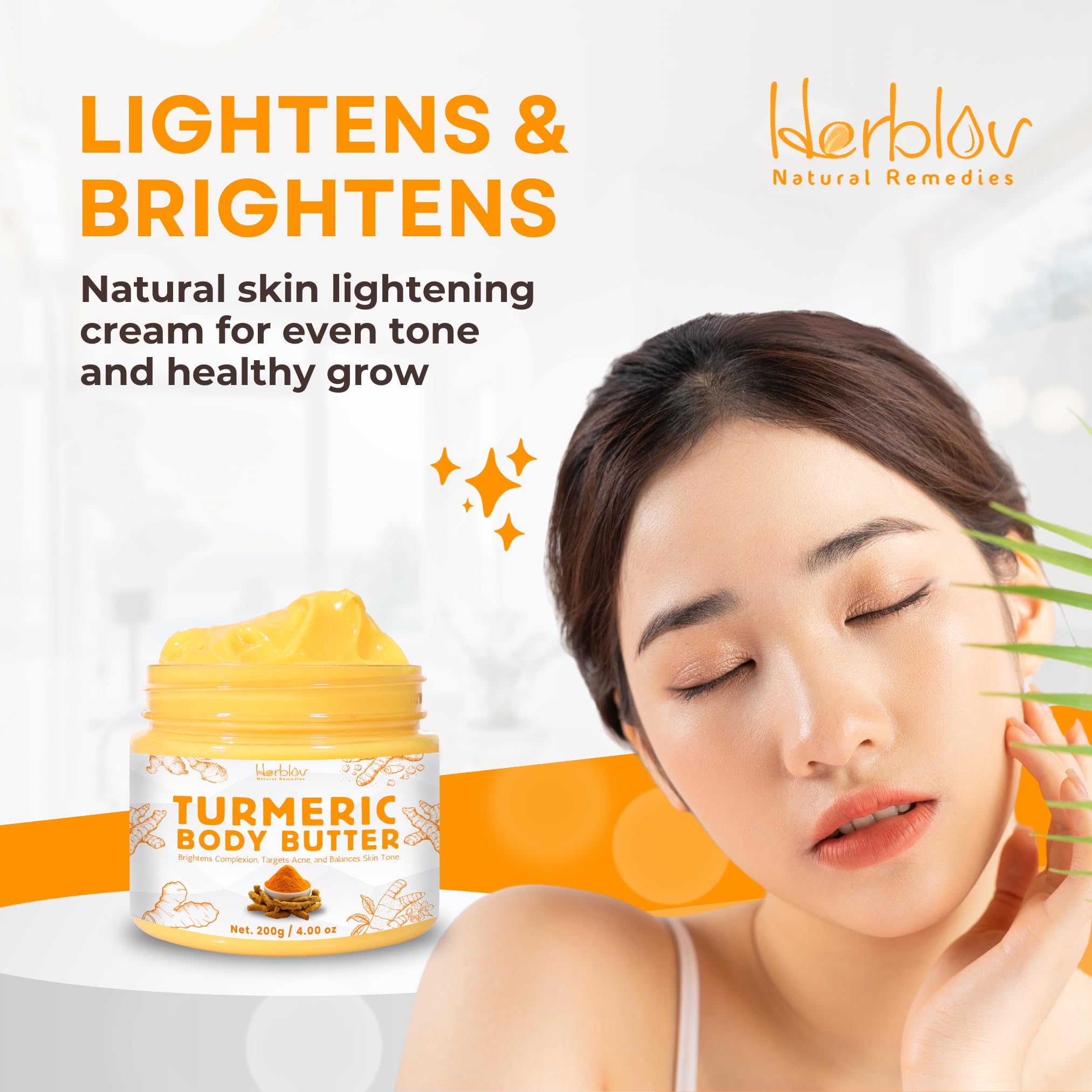 Herblov Piel Brillante con Cúrcuma, uso suave para rostro y cuerpo.