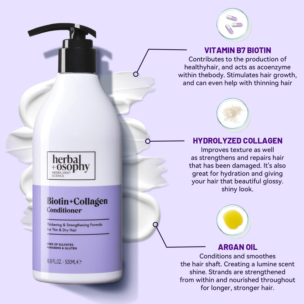 Botella de acondicionador Herbalosophy Biotina y Colágeno para cabello más suave.