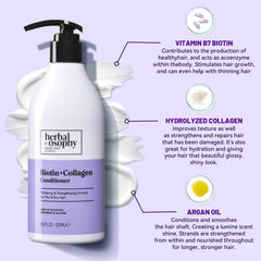 Botella de acondicionador Herbalosophy Biotina y Colágeno para cabello más suave.
