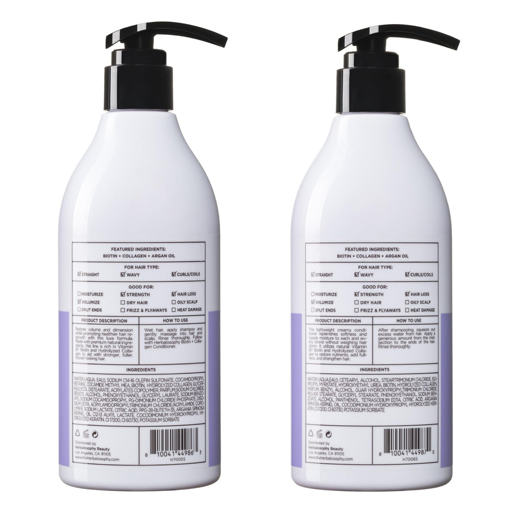 Kit completo Herbalosophy Biotina y Colágeno para cuidado diario del cabello.