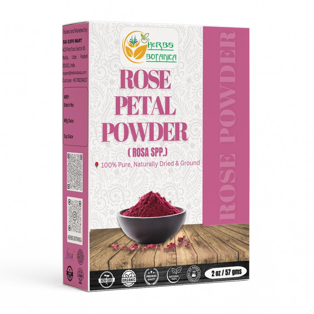 Polvo de pétalos de rosa de Herbs Botanica en empaque hermético para conservar aroma.