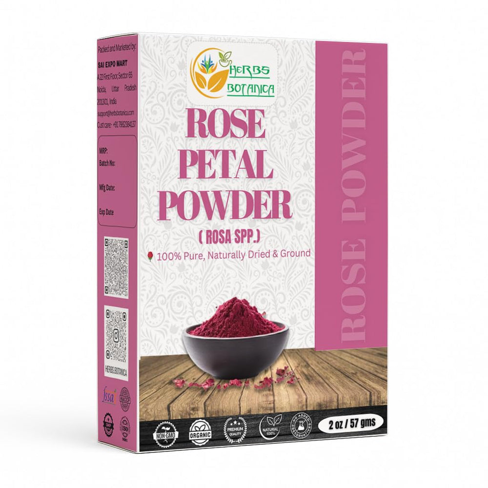 Polvo de pétalos de rosa de Herbs Botanica en empaque hermético para conservar aroma.