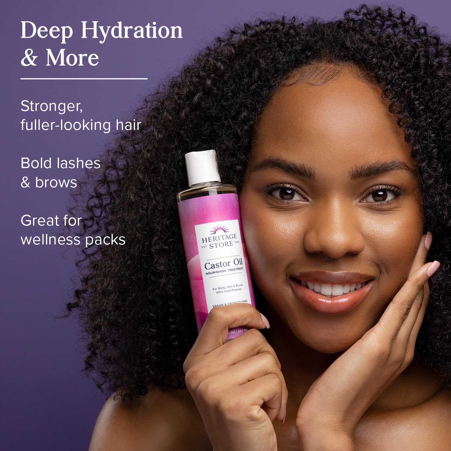 Aceite de Ricino Heritage Store con envoltura para cuidado corporal y piel suave.