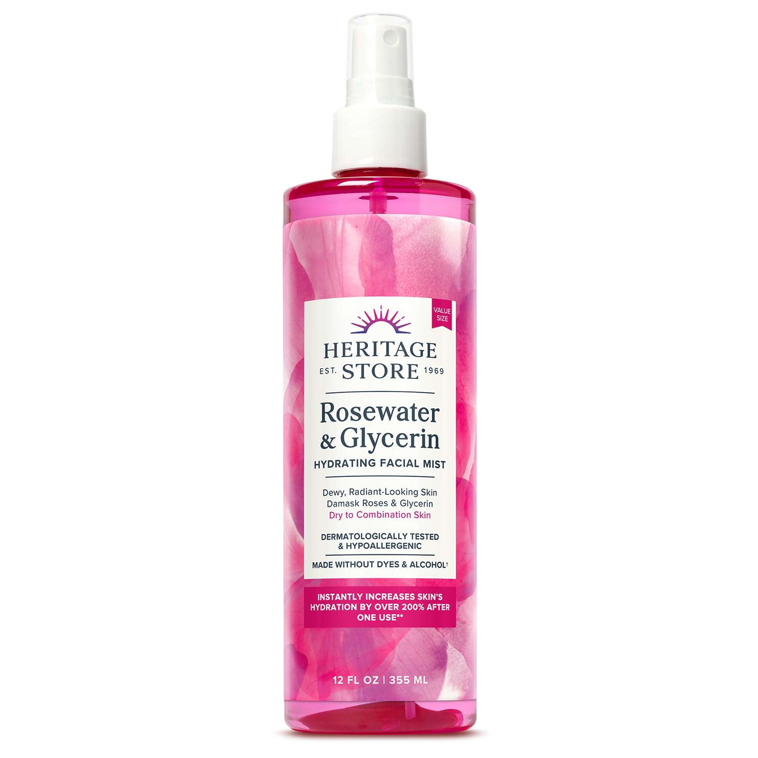 Heritage Store bruma rostro agua de rosas y glicerina para hidratación rápida.
