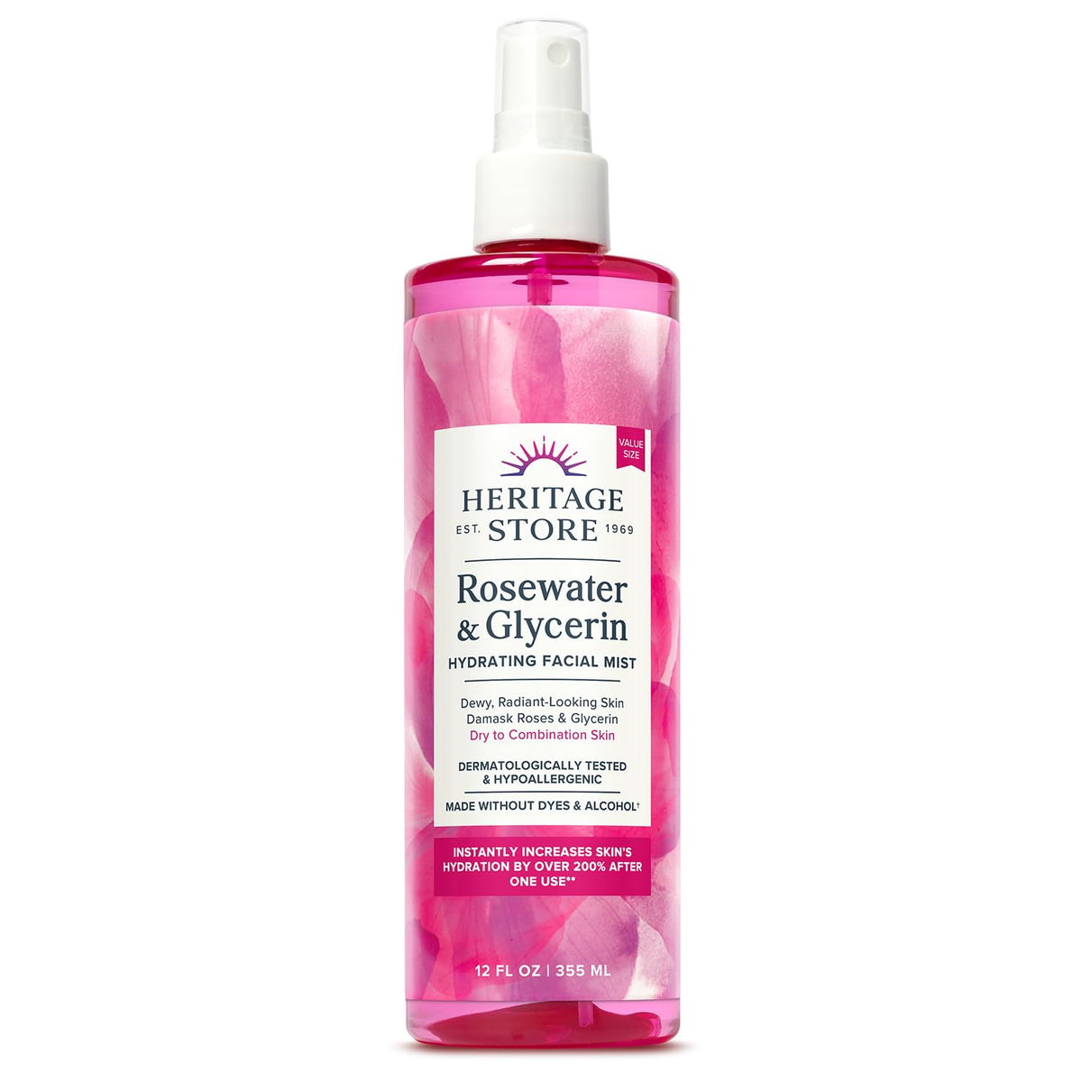 Heritage Store bruma rostro agua de rosas y glicerina para hidratación rápida.
