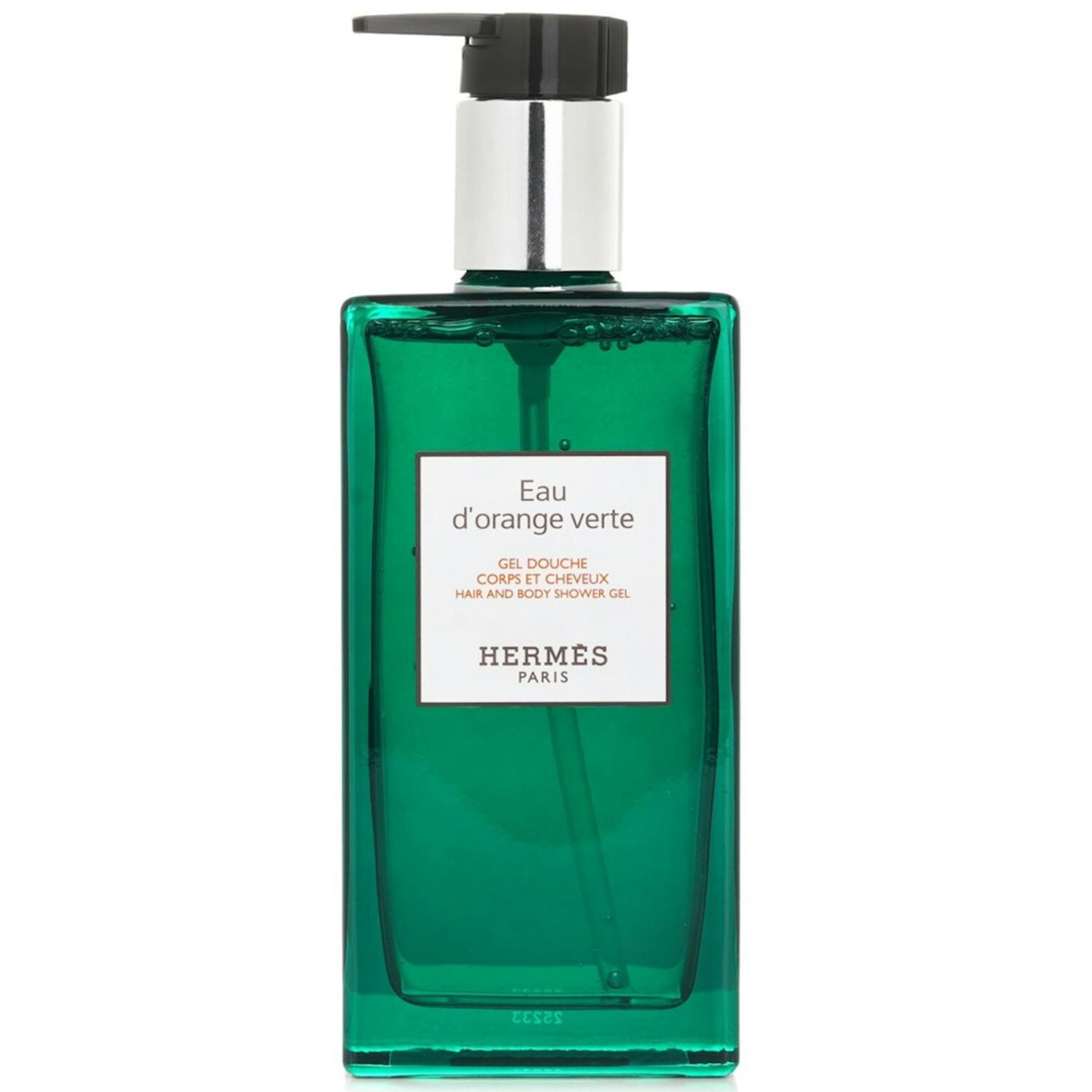 Botella de Hermès Eau d'Orange Verte mostrando gel de ducha y aroma refrescante para piel suave.