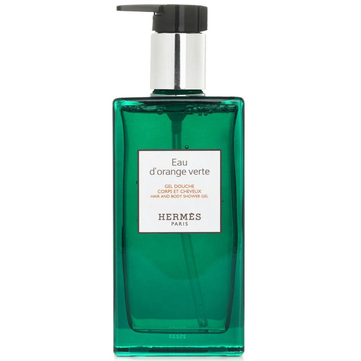 Botella de Hermès Eau d'Orange Verte mostrando gel de ducha y aroma refrescante para piel suave.