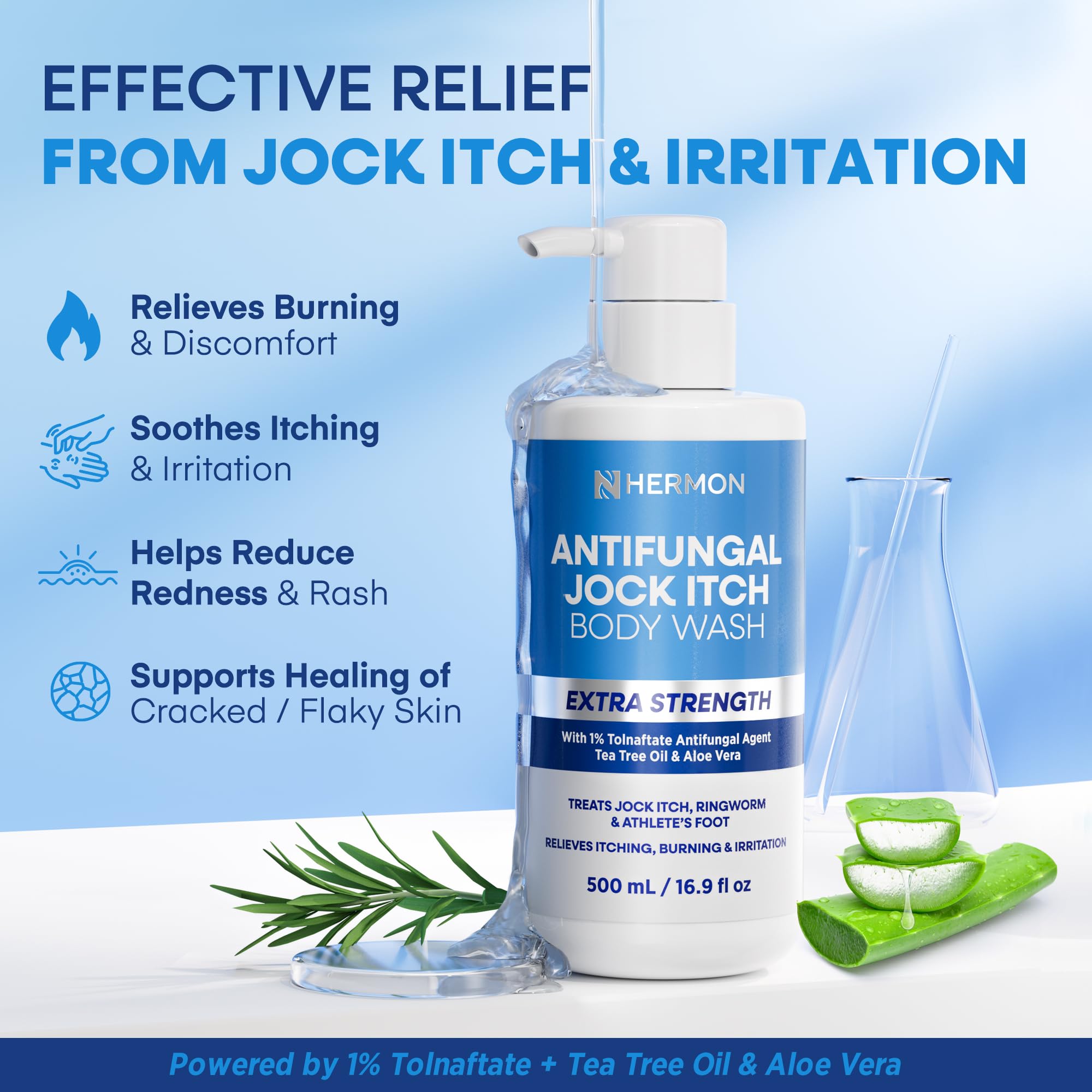Hermon Antifungal Body Wash, aplicación suave en el cuerpo para alivio del picor tras entrenamientos.