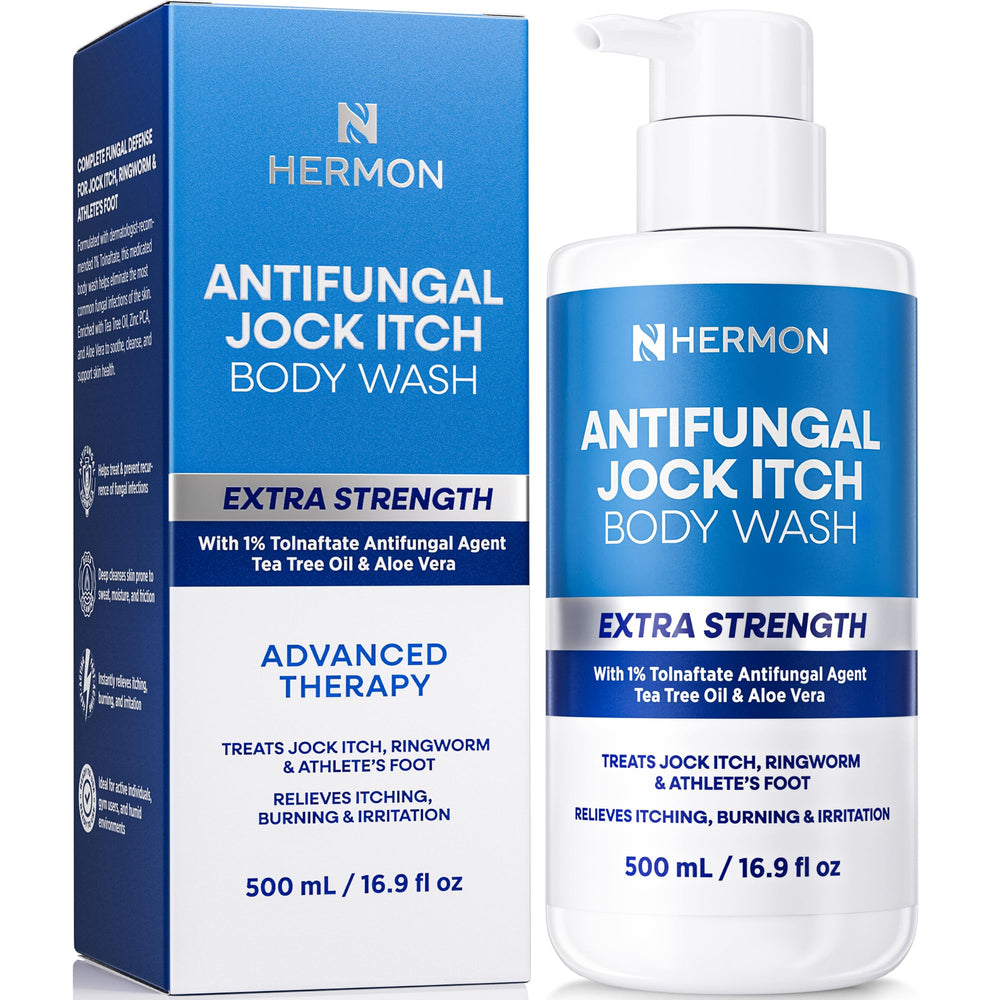 Hermon Antifungal Body Wash: botella con árbol de té, para uso diario y experiencia de frescura.