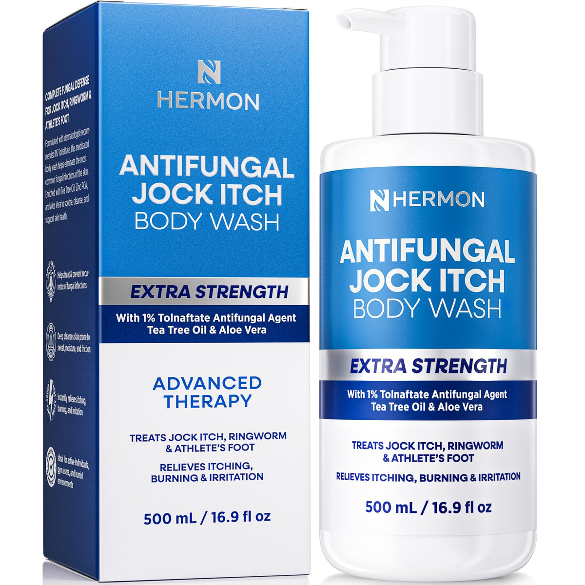 Hermon Antifungal Body Wash: botella con árbol de té, para uso diario y experiencia de frescura.