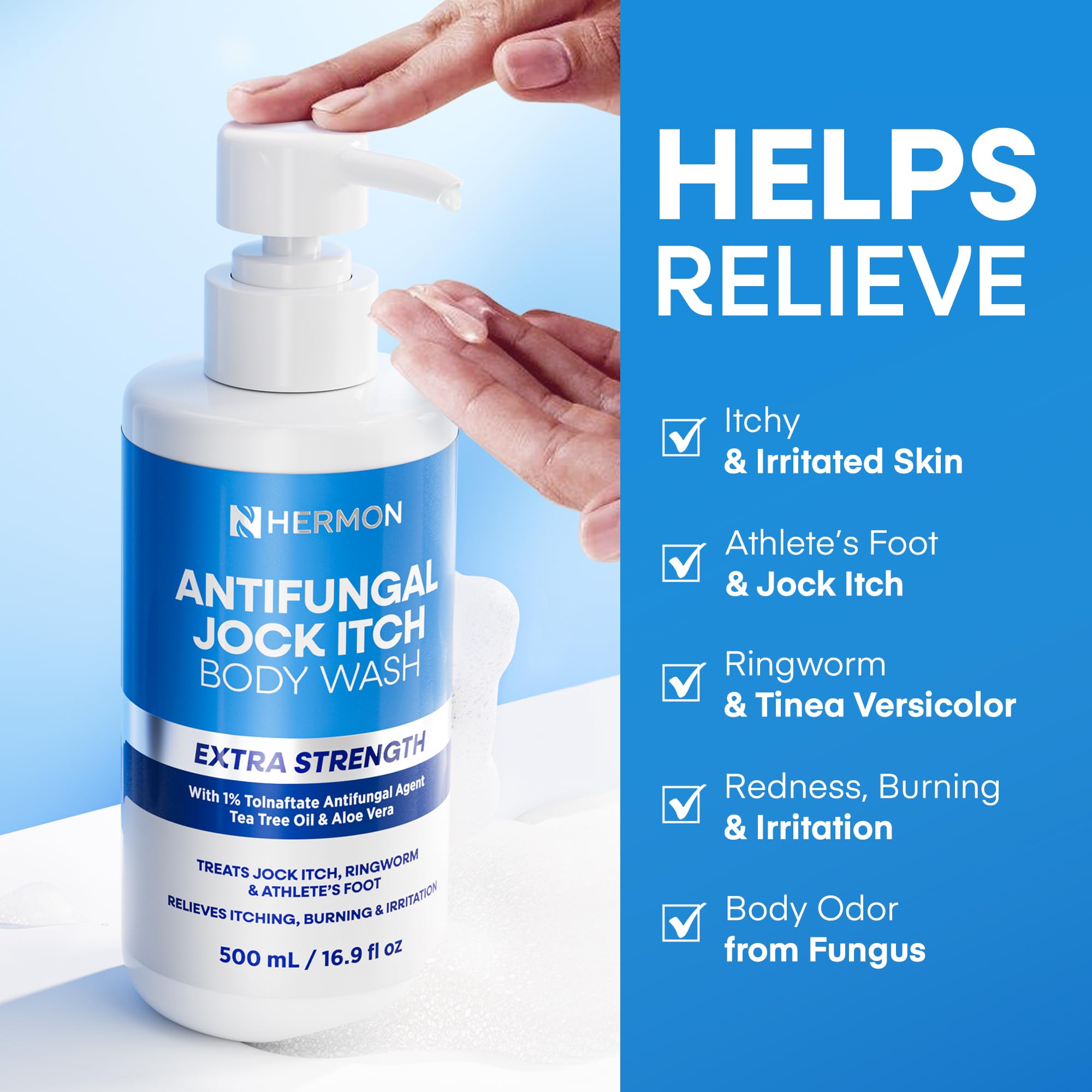 Hermon Antifungal Body Wash, espuma para espalda y pies con aceite de árbol de té y aloe.