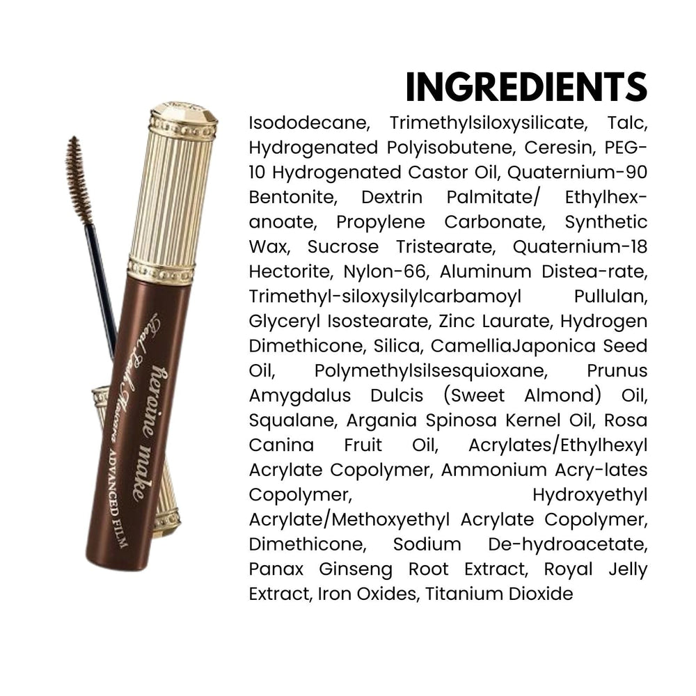 Heroine Make Mascara marrón: acabado diario suave para uso prolongado.