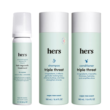 Hims & Hers shampoo triple threat: botella para mayor volumen y suavidad.