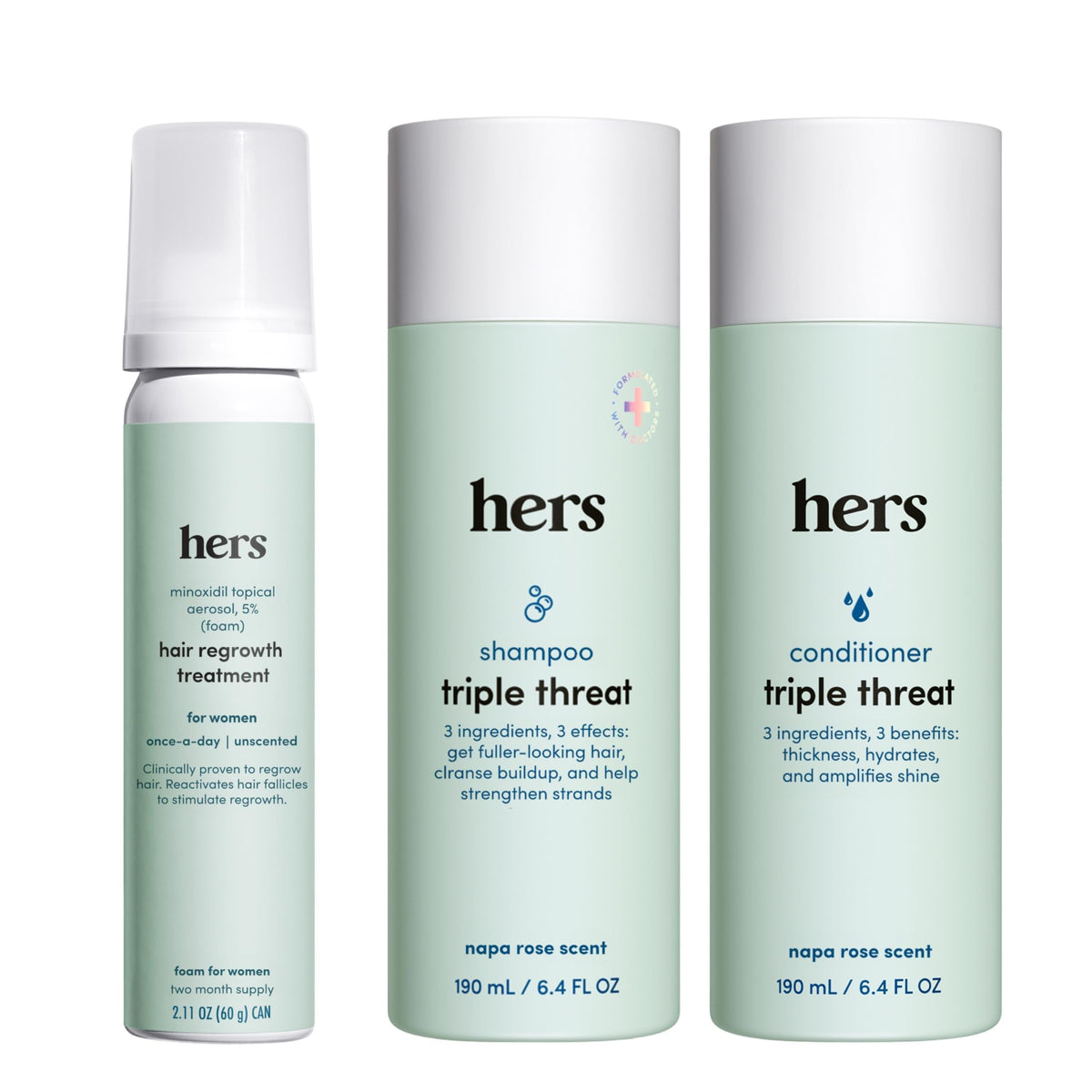 Hims & Hers shampoo triple threat: botella para mayor volumen y suavidad.