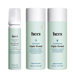 Hims & Hers shampoo triple threat: botella para mayor volumen y suavidad.
