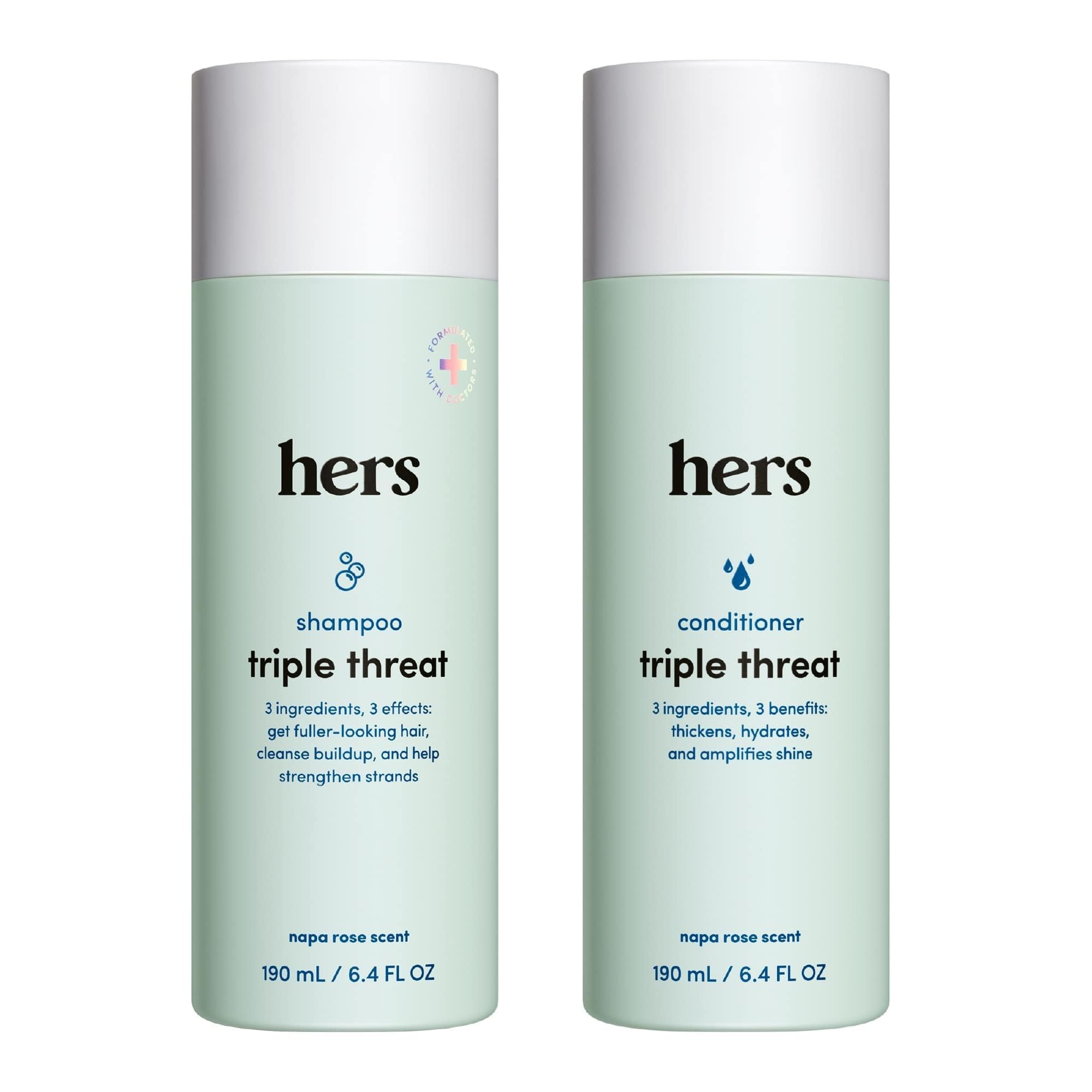 Bouteille de shampooing Hers Triple Threat, hydratante et légère pour les cheveux.