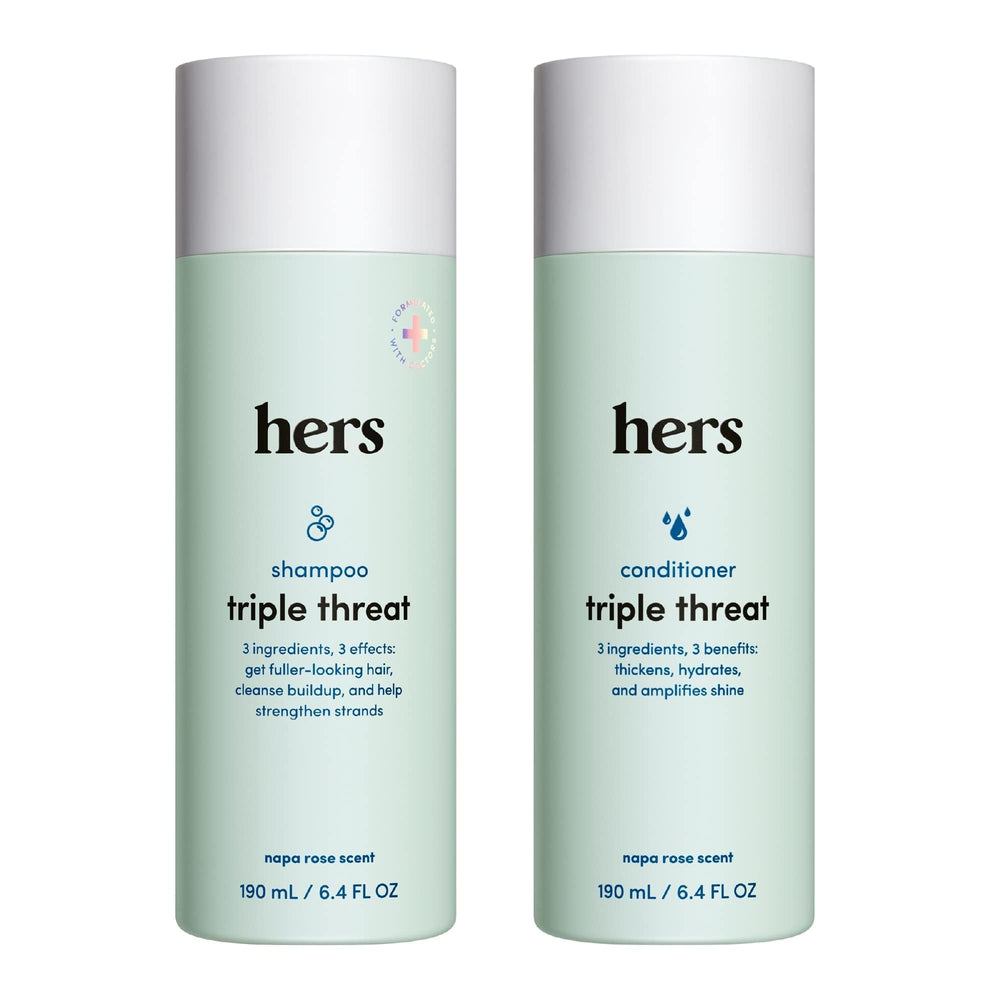 Bouteille de shampooing Hers Triple Threat, hydratante et légère pour les cheveux.
