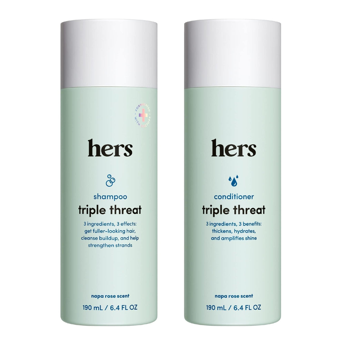 Bouteille de shampooing Hers Triple Threat, hydratante et légère pour les cheveux.