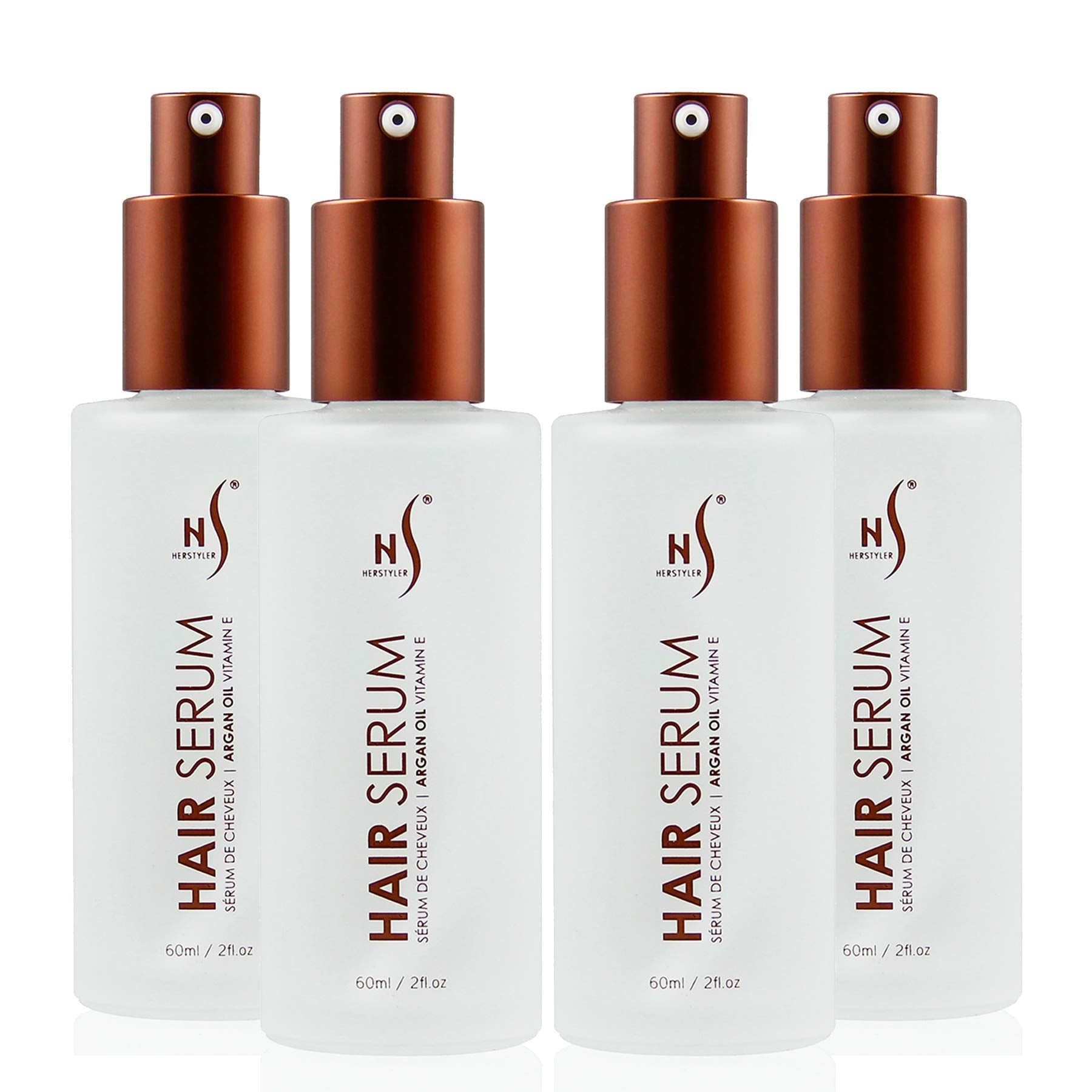 HerStyler Serum, botella vertiendo, inicio suave del peinado sin frizz.