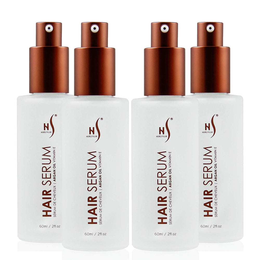 HerStyler Serum, botella vertiendo, inicio suave del peinado sin frizz.