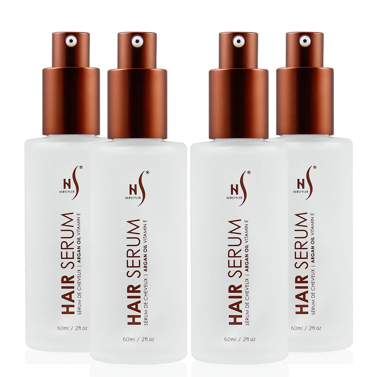 HerStyler Serum, botella vertiendo, inicio suave del peinado sin frizz.