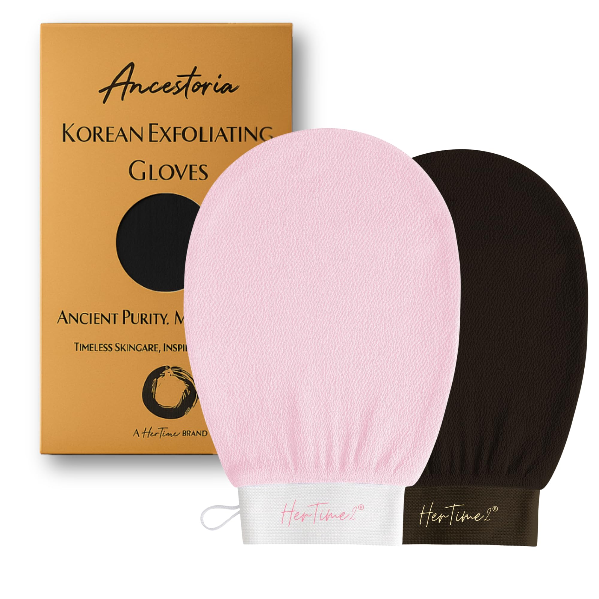 HerTime2 Ancestoria guante exfoliante para ducha en rosa y negro, exfolia suavemente la piel.
