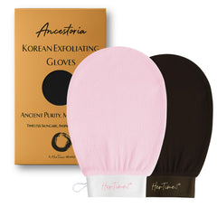 HerTime2 Ancestoria guante exfoliante para ducha en rosa y negro, exfolia suavemente la piel.