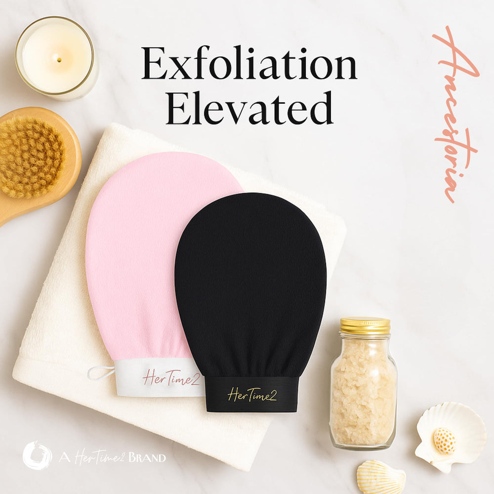 Ancestoria guante exfoliante en rosa y negro, ideal para exfoliar durante la ducha.