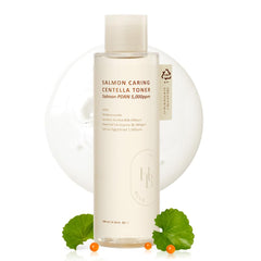 HEVEBLUE Salmon Caring Centella Toner: botella elegante que mantiene el pH equilibrado y fresco.