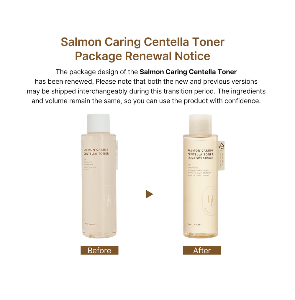 HEVEBLUE Salmon Caring Centella Toner: etiqueta destacando ingredientes potentes para cuidado diario.