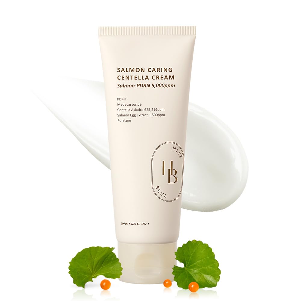 HEVEBLUE Crema Salmón Centella: envase elegante con crema para la piel.