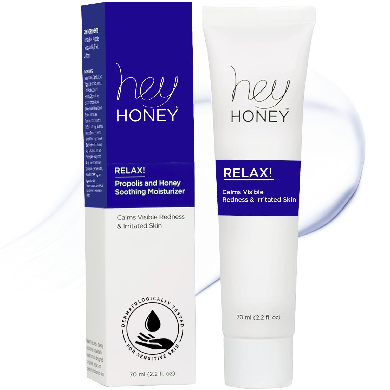 Hey Honey Relax frasco de crema para piel sensible que calma enrojecimiento.