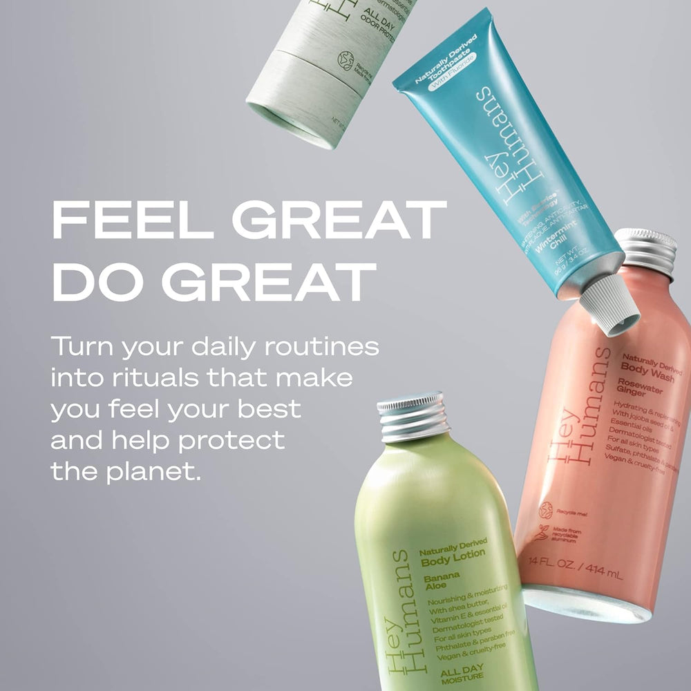 Hey Humans deodorant offers all-day odor control with a refreshing essential oil blend.