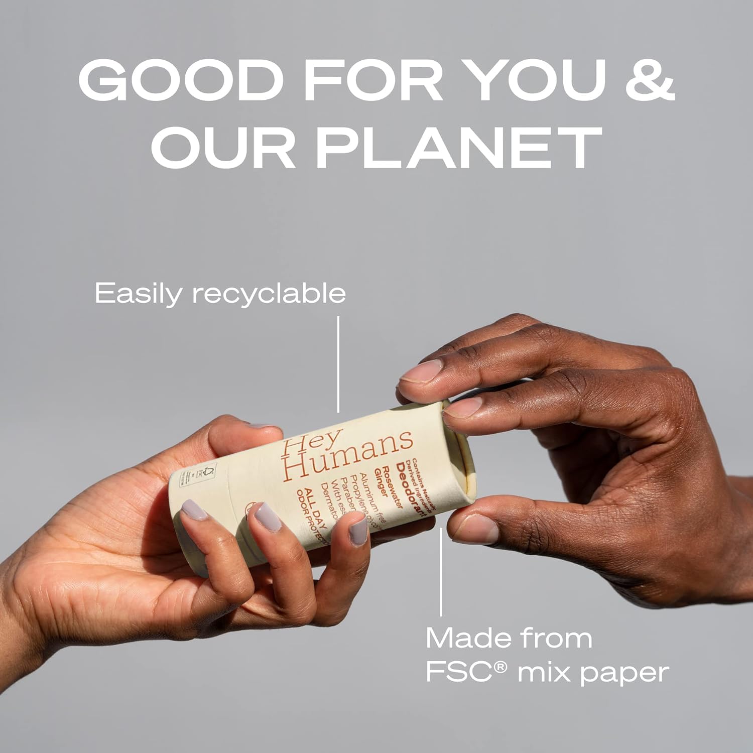 Hey Humans Desodorante Rosewater Ginger, empaque sostenible y reciclable