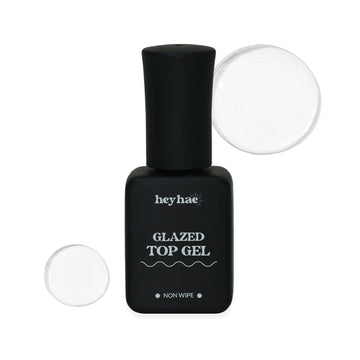 heyhae gel superior brillo, botella visible, acabado resplandeciente para uñas.