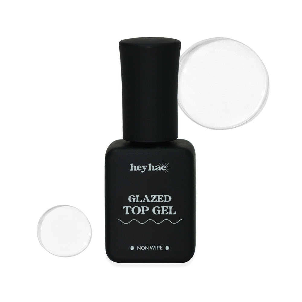 heyhae gel superior brillo, botella visible, acabado resplandeciente para uñas.