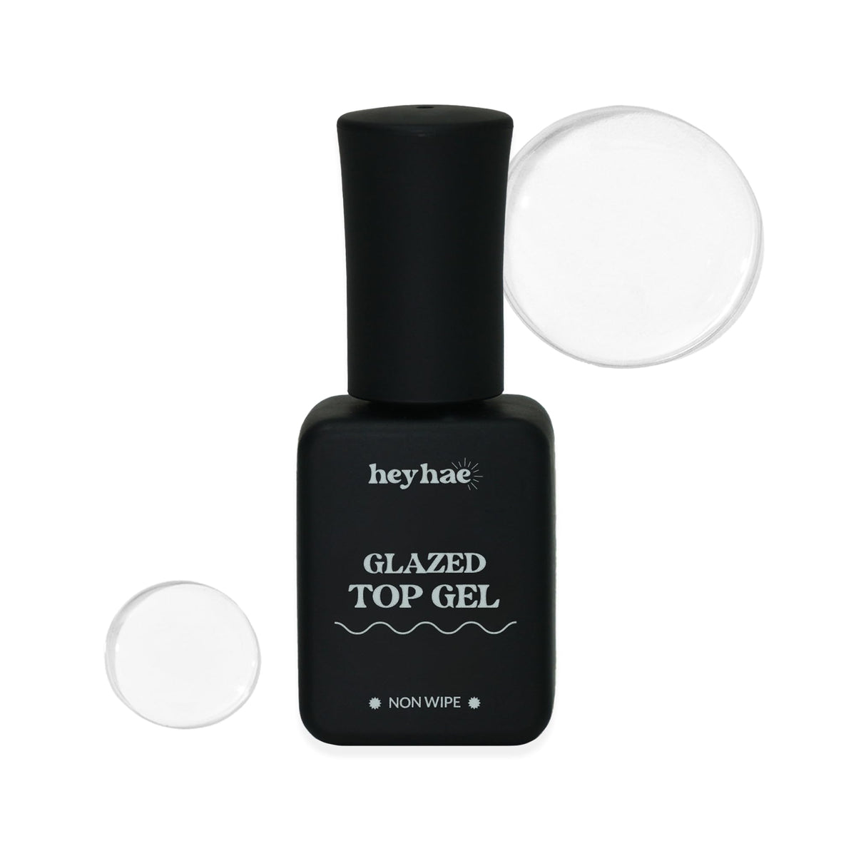 heyhae gel superior brillo, botella visible, acabado resplandeciente para uñas.