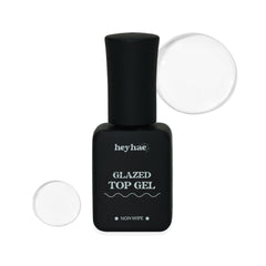 heyhae gel superior brillo, botella visible, acabado resplandeciente para uñas.