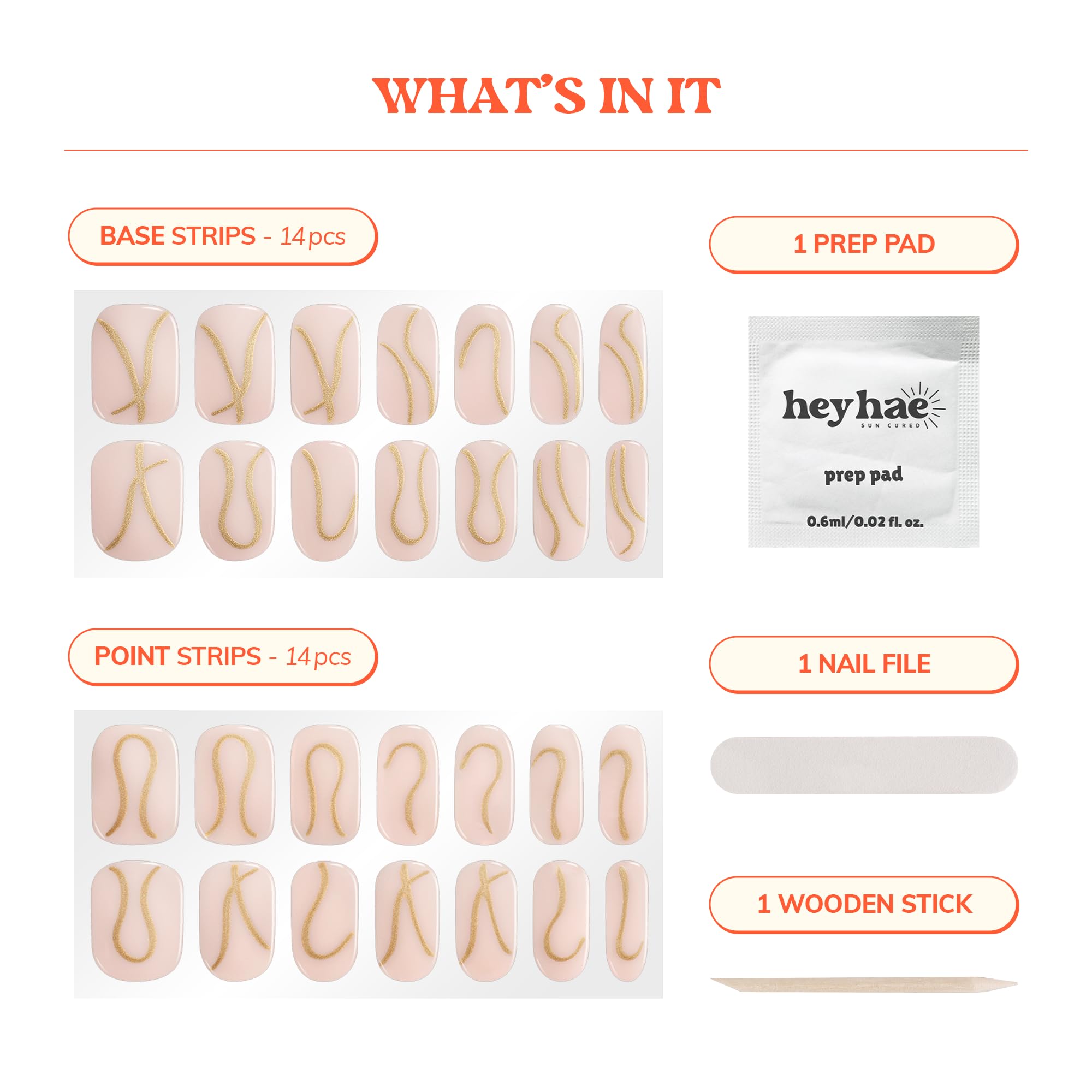 Heyhae: kit completo para uñas con 28 tiras, lima y palillo para aplicación precisa.