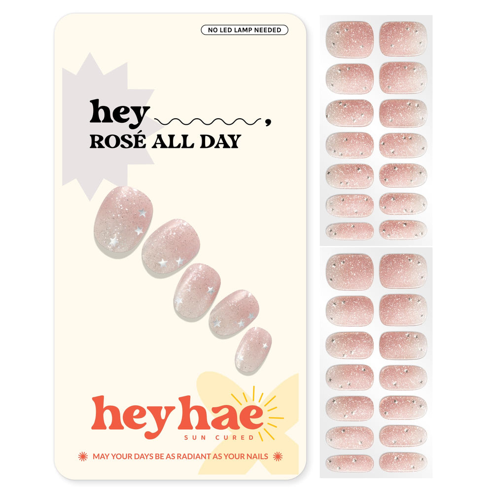 Heyhae: tiras gel semi-curado rose con glitter para un acabado glam.