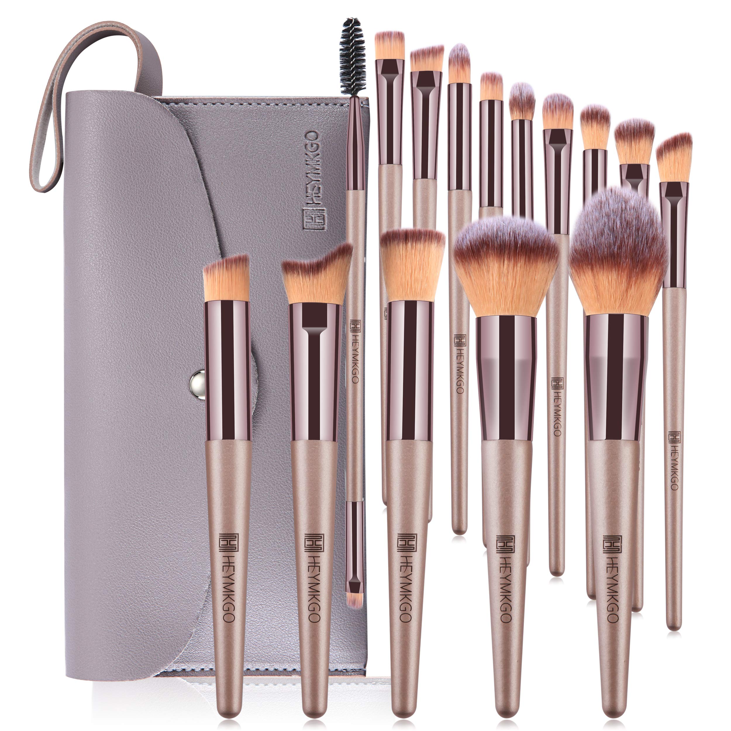 HEYMKGO conjunto de pinceles 15 piezas con acabado Champagne-oro para un maquillaje uniforme.