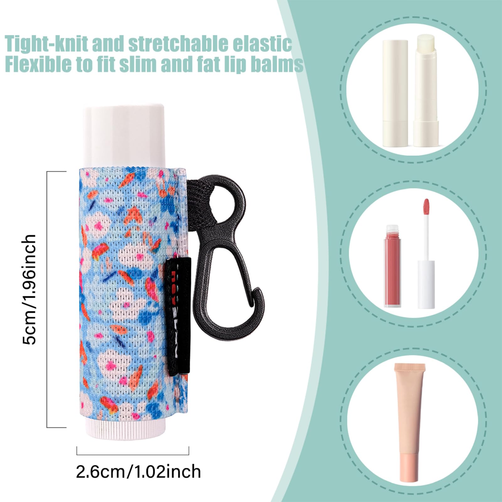 HEYSKAY porta balsamo labial elastico, vista trasera mostrando flor y sujecion.