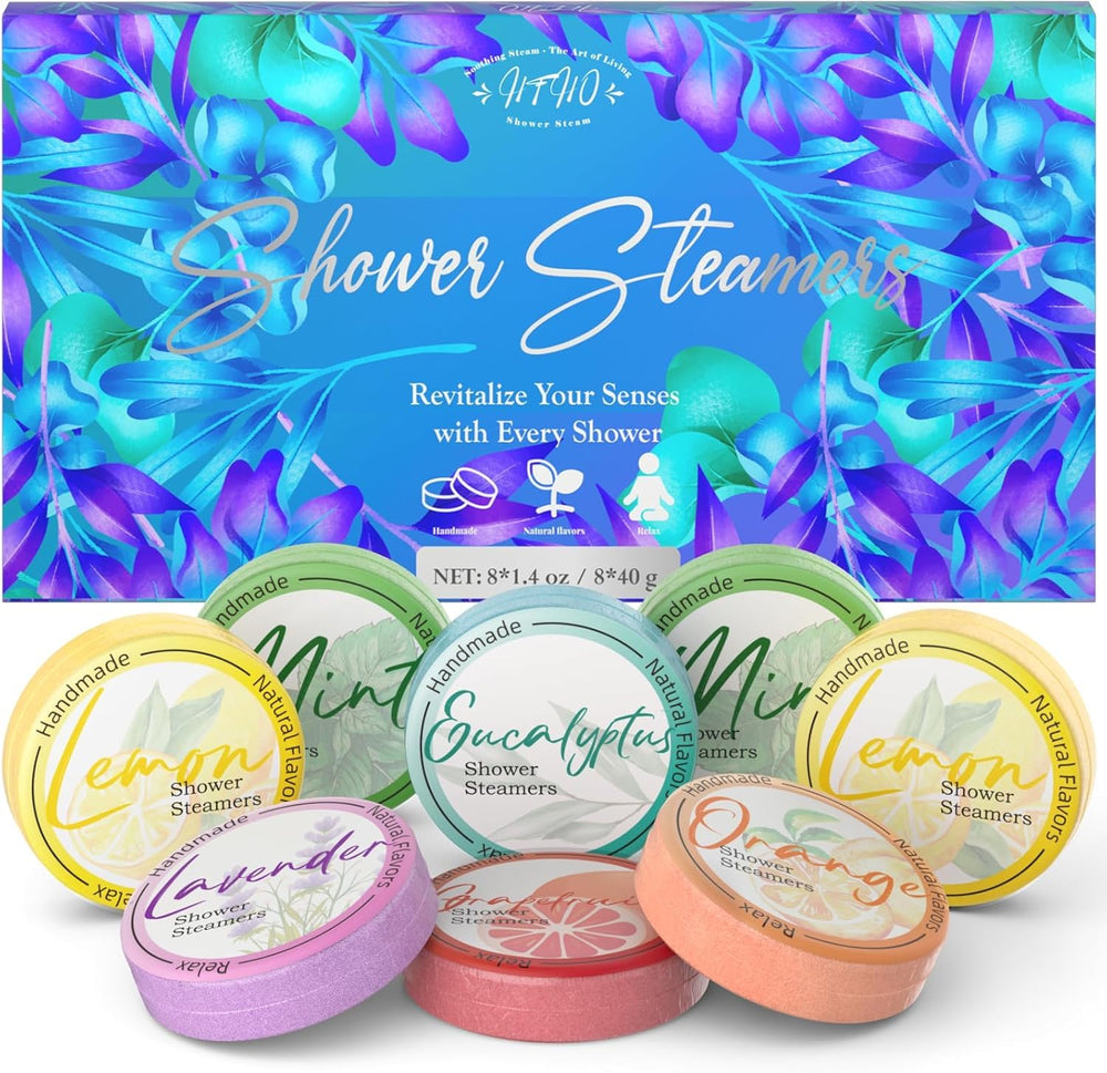 HFHO bombas de ducha aromaterapia en empaque azul floral, regalo sostenible.