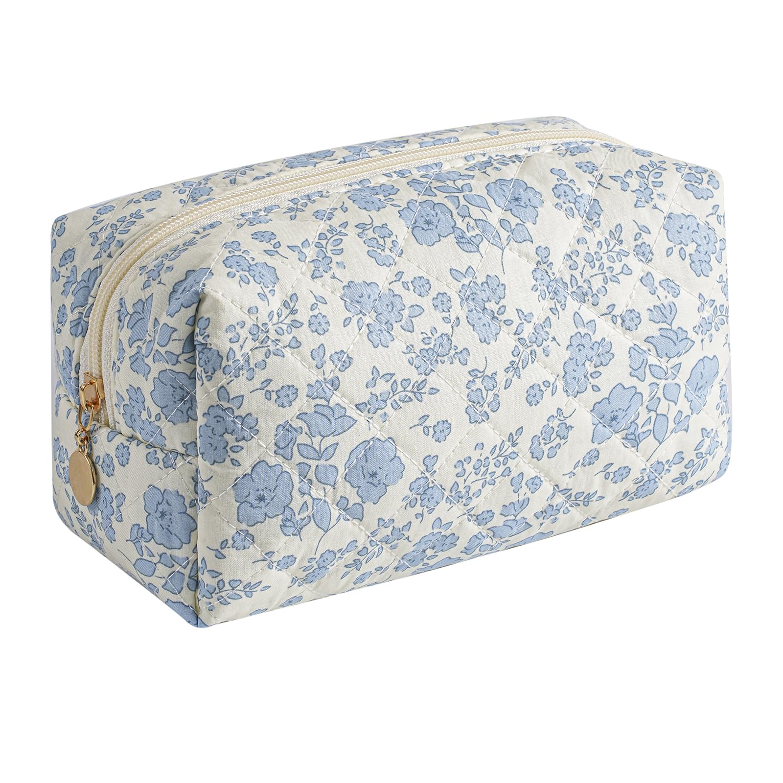HHQQWZ estuche de maquillaje de viaje azul floral con cierre duradero.