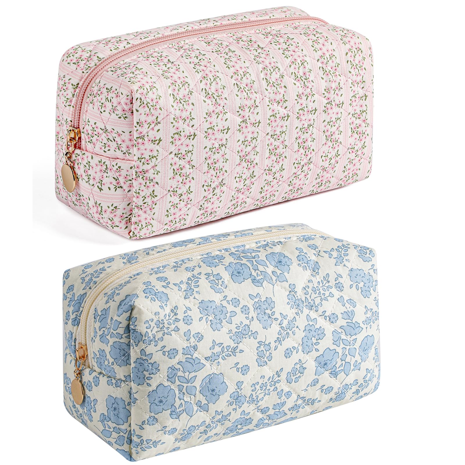 Bolso de maquillaje HHQQWZ para viaje con diseño floral rosa y azul, ideal para cosméticos.